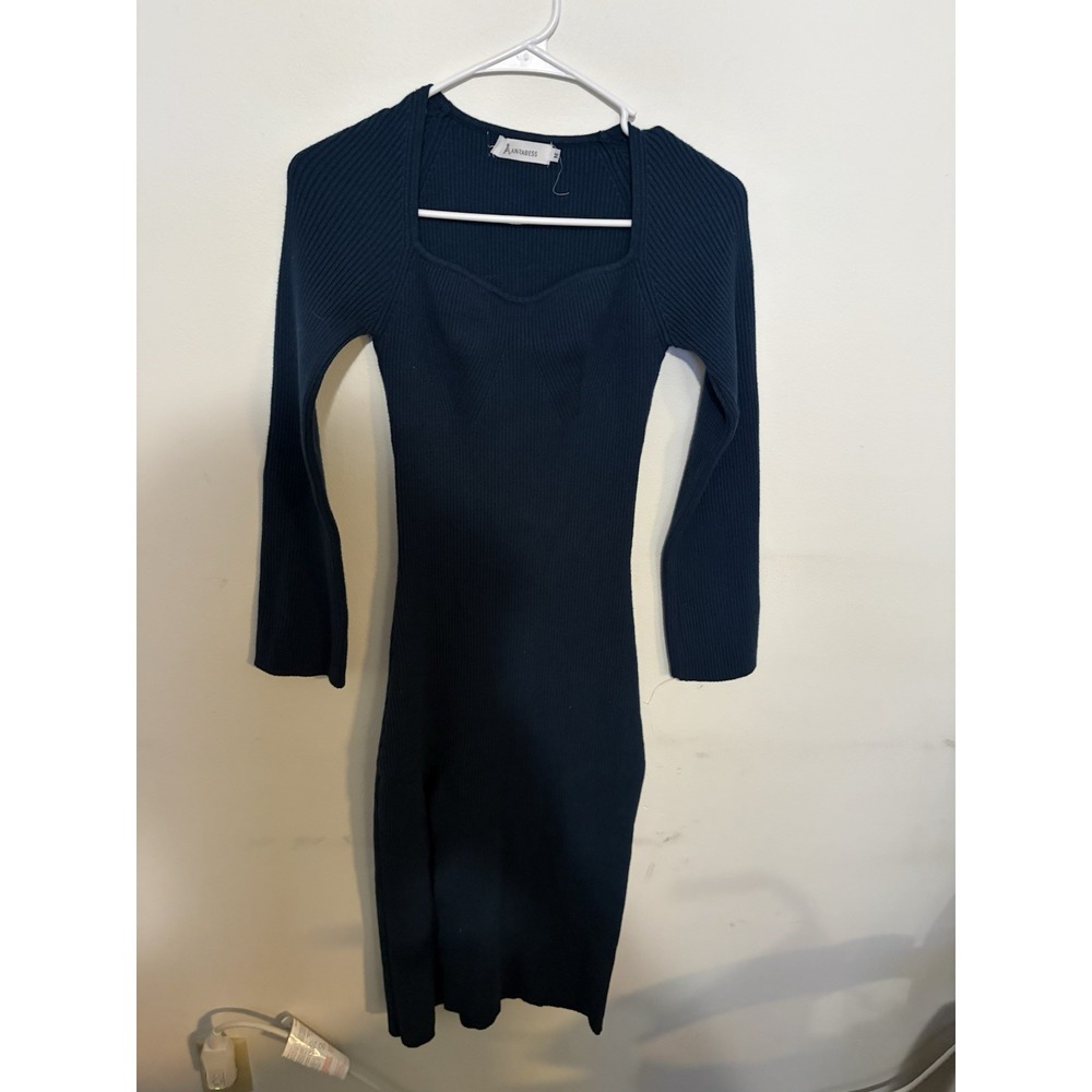 Arabess Dress M Dark Blue Tiered Ribbed Long Sleeve Knit Cocktail Y2kcottagecore